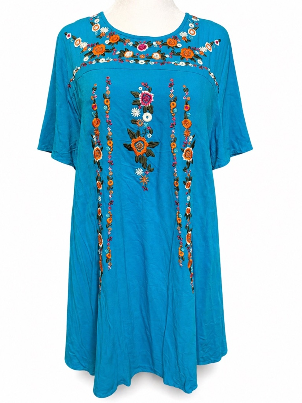 Umgee Embroidered Boho Dress NWT Teal Floral Tunic Shift Dress L